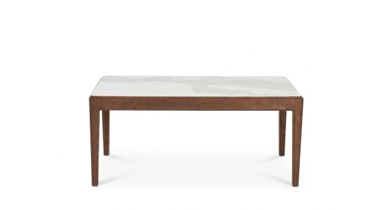 Table basse rectangulaire en chêne et céramique avec bois teinte marron foncé plateau céramique effet marbre blanc 100x050 cm