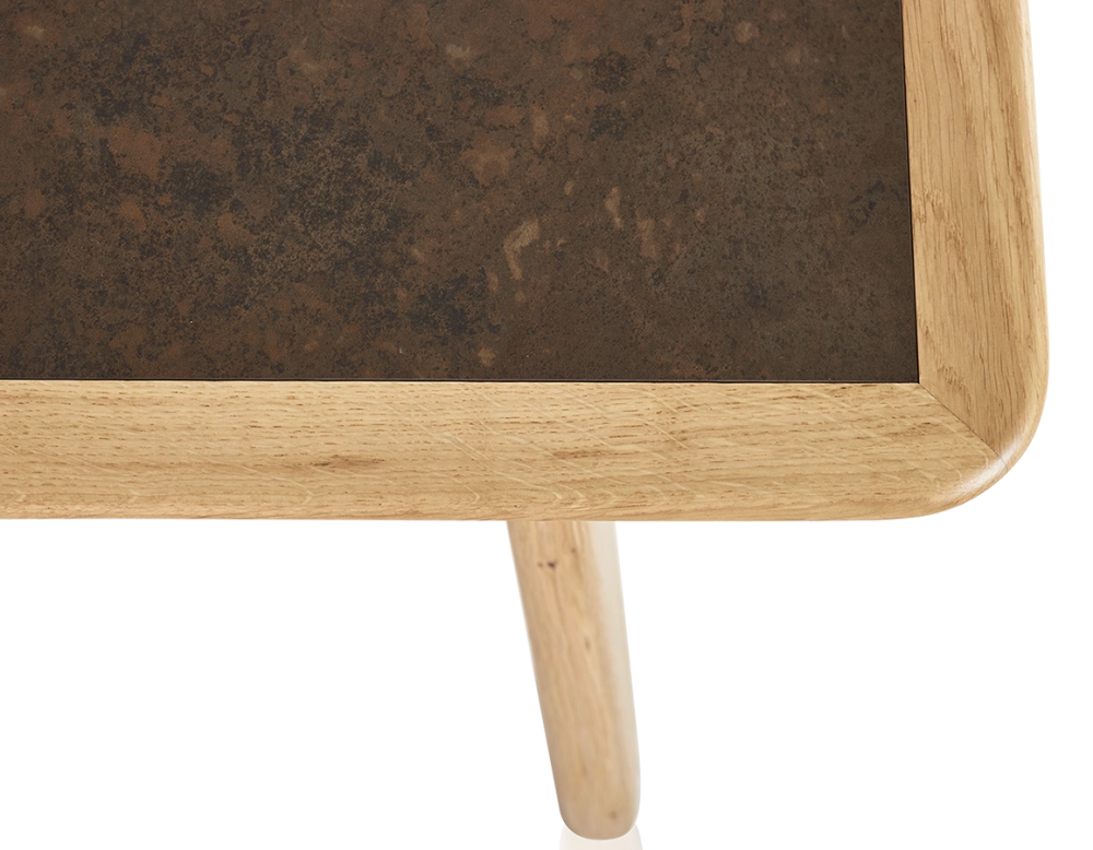 Rectangular coffee table in oak and ceramic with natural stained wood, oxidised brown ceramic top 100x50 cm