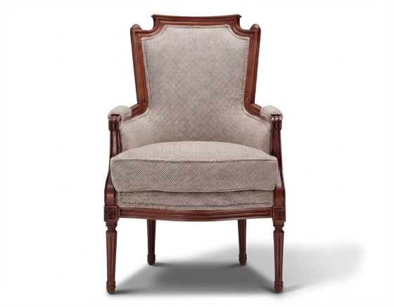 Fauteuil bergère style Louis XVI bois teinte ancienne et tissu chiné beige, gris et orange