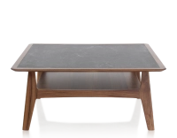 Table basse carré en noyer et céramique bois teinte naturelle plateau céramique effet ardoise 100x100 cm
