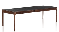 Table extensible 8 à 12 personnes en noyer et céramique allonges céramique avec bois teinte naturelle et plateau et allonges céramique effet ardoise 210x100 cm