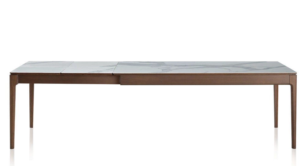 Table extensible 8 à 12 personnes en chêne et céramique allonges céramique avec bois teinte marron foncé et plateau et allonges céramique effet marbre blanc 210x100 cm