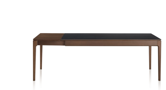 Table extensible 8 à 12 personnes en chêne et céramique allonges bois avec bois teinte marron foncé et plateau céramique noir unie 210x100 cm