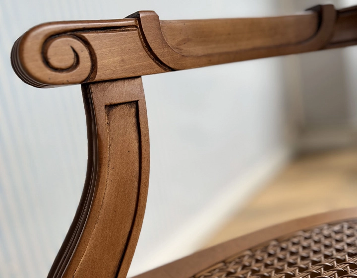 Antique Louis XVI style armchair with armrests wood stained antique seat and back caned