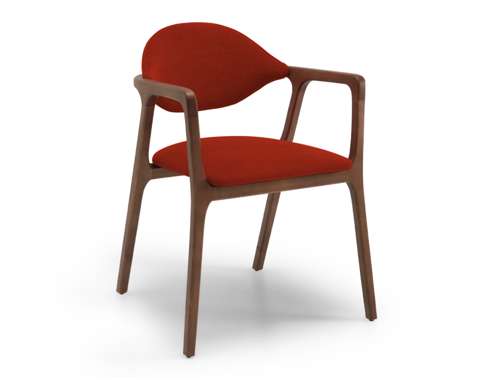 Designer armchair dark brown stained wood and burnt orange fabric