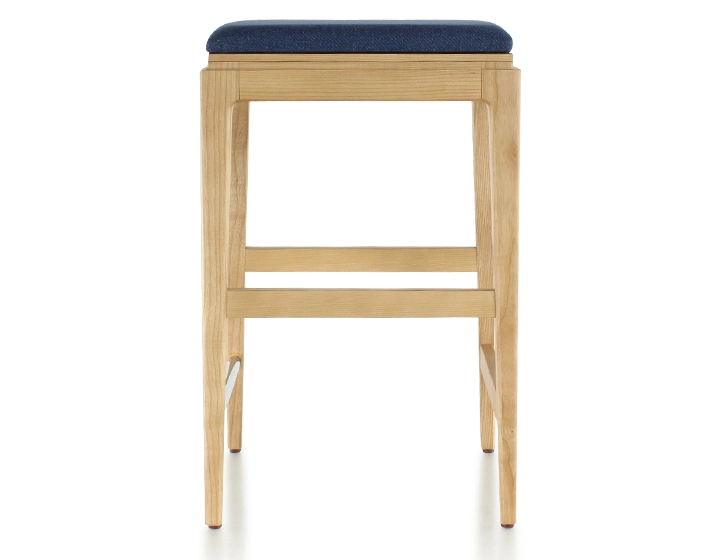 H60 cm designer bar stool natural tint wood, navy blue fabric seat