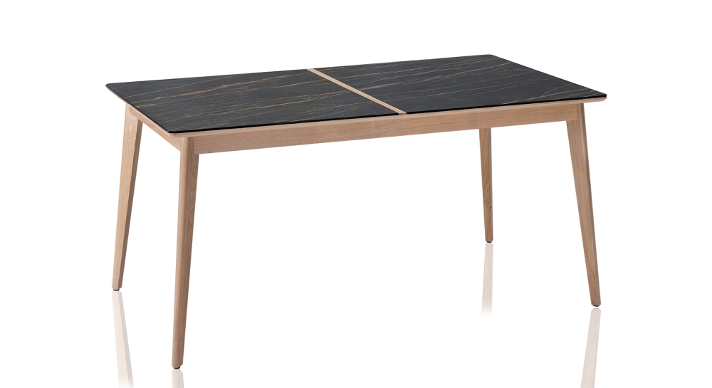 Table salle à manger en chêne et céramique 6 personnes avec bois teinte naturelle et plateau céramique effet marbre noir 160x100 cm