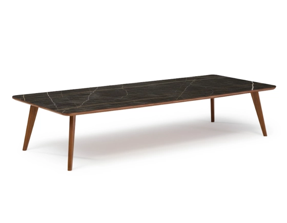 Table basse rectangulaire F7 en noyer et céramique bois teinte naturelle et céramique effet marbre noir 160x80x30 cm