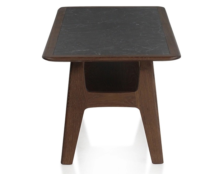 Rectangular coffee table in oak and ceramic with dark brown stained wood and slate effect ceramic top 100x50 cm