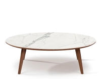 Table basse ronde F1 en noyer et céramique bois teinte naturelle plateau céramique effet marbre blanc 90x90x30 cm