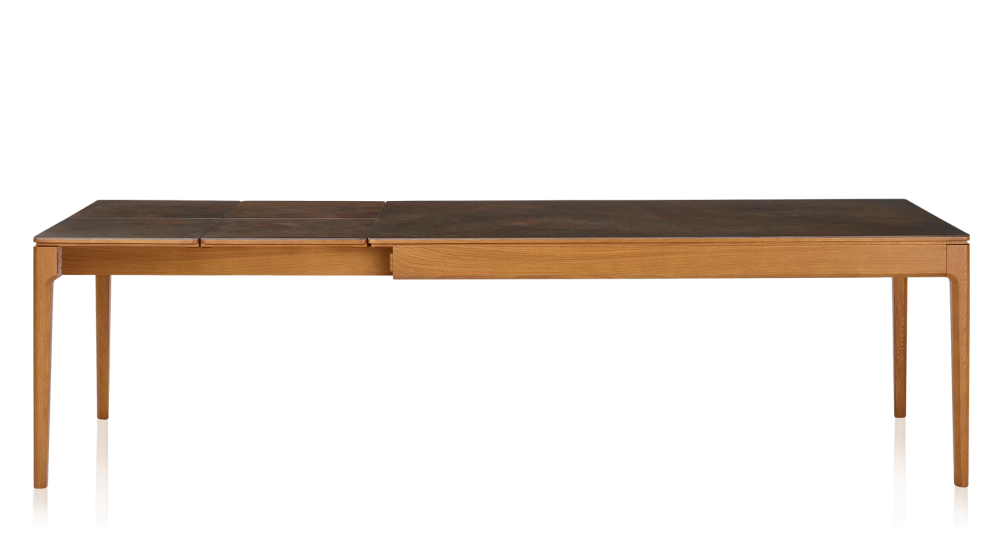 Table extensible 8 à 12 personnes en chêne et céramique allonges céramique avec bois teinte merisier et plateau et allonges céramique brun oxydé 180x100 cm