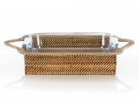 Plat pyrex carré avec support en fleur de rotin