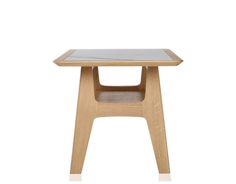 Table basse rectangulaire en chêne et céramique avec bois teinte naturelle plateau céramique effet marbre blanc 100x50 cm