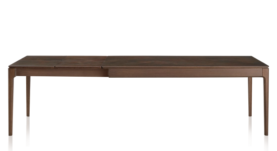 Table extensible 8 à 12 personnes en chêne et céramique allonges céramique avec bois teinte marron foncé et plateau et allonges céramique brun oxydé 210x100 cm