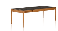 Table extensible en chêne et céramique 6 à 10 personnes allonges céramique avec bois teinte merisier et plateau et allonges céramique effet marbre noir 140x90 cm