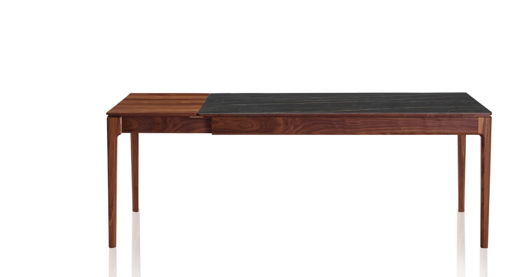 Extending table for 8 to 14 people in walnut and ceramic with wooden extensions with natural stained wood and black marble effect ceramic top 210x100 cm