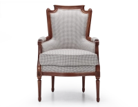 Fauteuil bergère style Louis XVI bois teinte ancienne et tissu pied de poule blanc et taupe