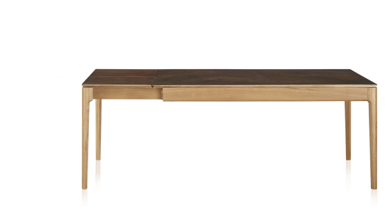 Table extensible 8 à 12 personnes en chêne et céramique allonges céramique avec bois teinte naturelle et plateau et allonges céramique brun oxydé 210x100 cm
