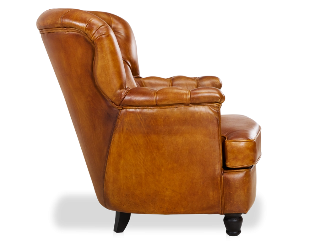 Fauteuil Chesterfield cuir cognac moyen dossier