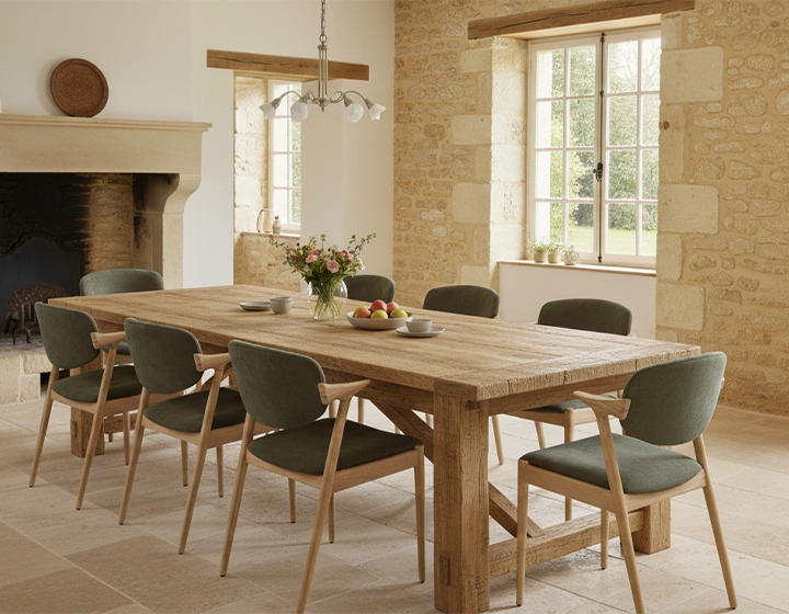 Silla escandinava madera tinte natural asiento tejido terciopelo verde bosque