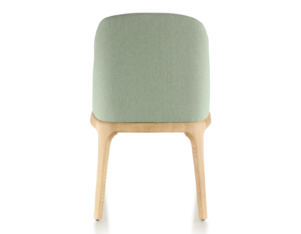 Chaise design bois teinte naturelle et tissu vert sauge