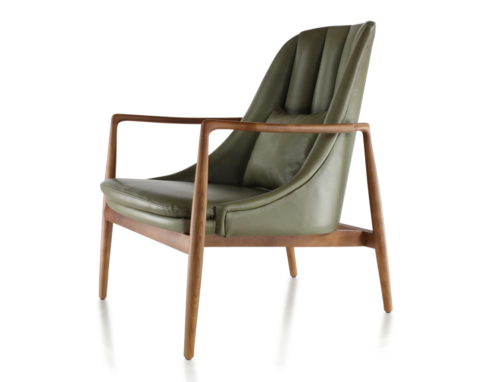 Fauteuil design bois teinte merisier et cuir vert kaki