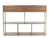 Console design natural tint walnut and brass patina metal