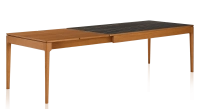 Table extensible 6 à 10 personnes en chêne et céramique allonges bois avec bois teinte merisier et plateau céramique effet marbre noir 160x100 cm