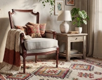 Fauteuil bergère style Louis XVI bois teinte ancienne et tissu beige naturel