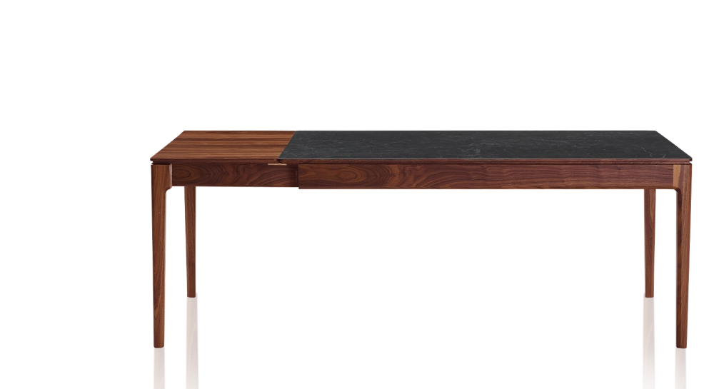 Table extensible 8 à 12 personnes en noyer et céramique allonges bois avec bois teinte natruelle et plateau céramique effet ardoise 180x100 cm