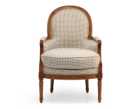 Fauteuil bergère style Louis XVI bois teinte ancienne et tissu pied de poule blanc et taupe