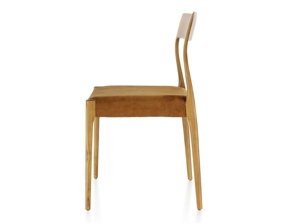 Chaise scandinave bois teinte merisier assise tissu velours bronze
