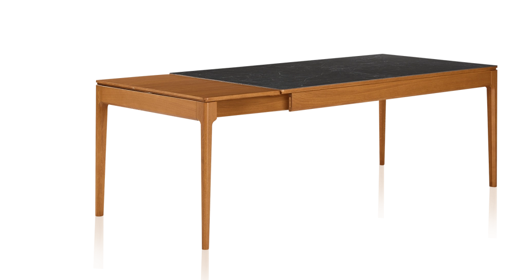 Extendable table for 8 to 12 people in oak and ceramic with wooden extensions with cherry-tinted wood and slate-effect ceramic top 160x100 cm