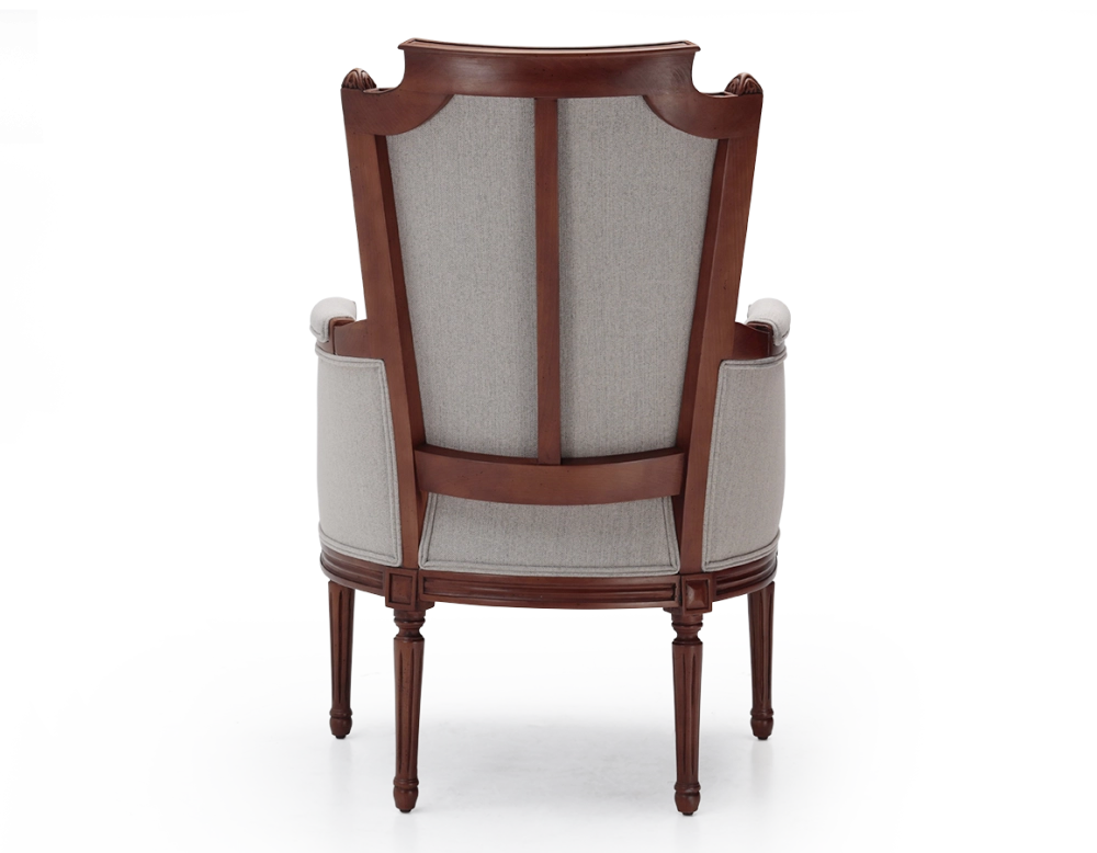 Fauteuil bergère style Louis XVI bois teinte ancienne et tissu beige naturel