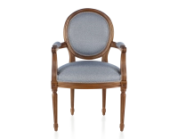 Antique Louis XVI style armchair with armrests aged wood stain and blue chevron fabric
