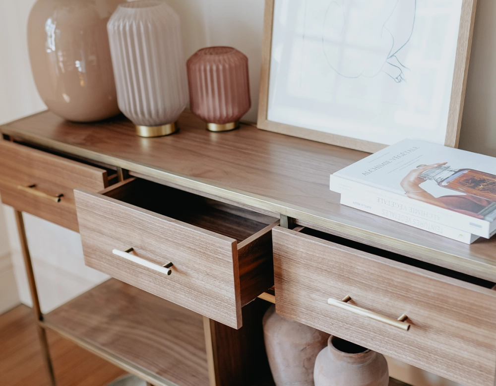 Console design natural tint walnut and brass patina metal