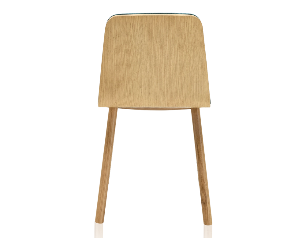 Chaise design en chêne tapissé bois teinte naturelle assise tissu bleu océan