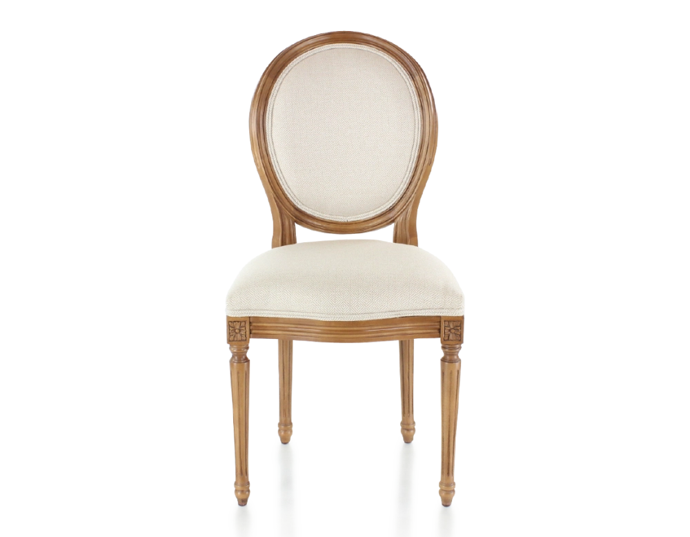 Chaise ancienne style Louis XVI bois teinte ancienne et tissu bouclé blanc