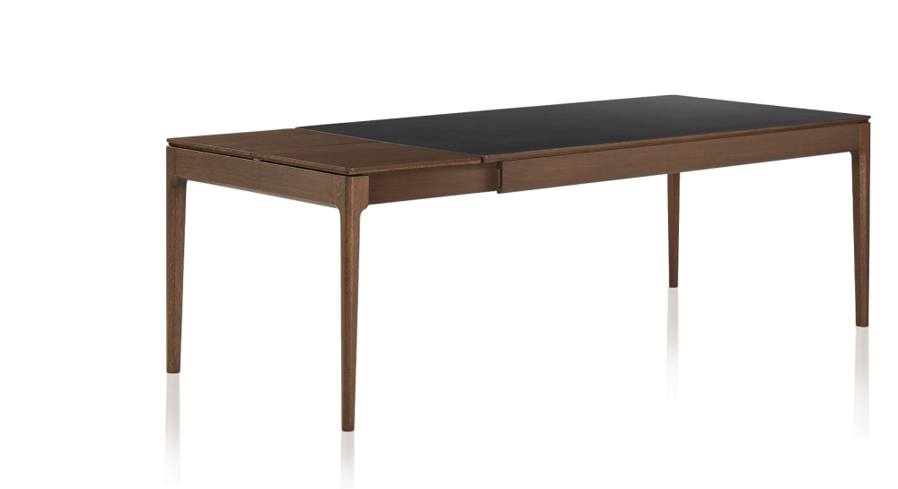 Table extensible 6 à 10 personnes en chêne et céramique allonges bois avec bois teinte marron foncé et plateau céramique noir unie 140x90 cm