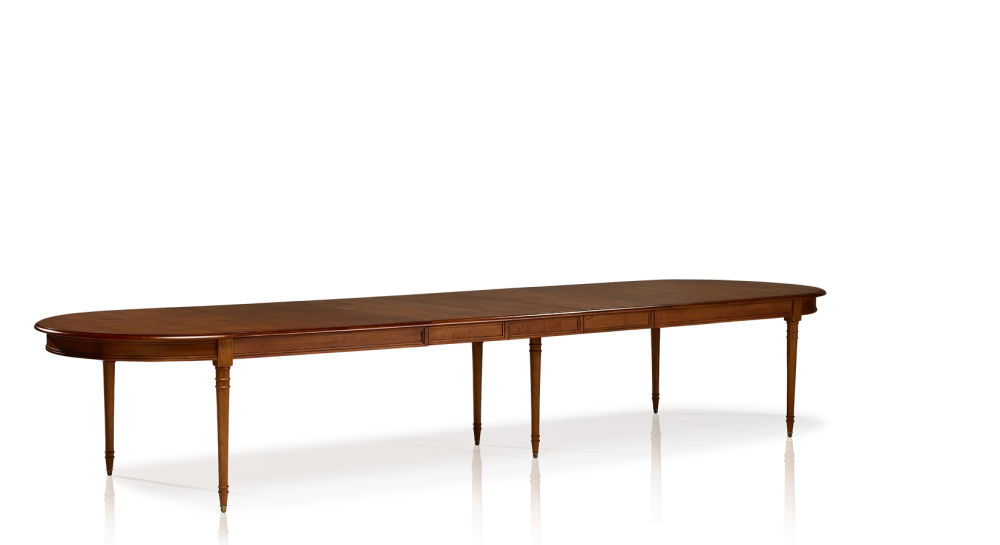 Table extensible Louis XVI allongée pour 14 à 20 personnes bois teinte ancienne avec 4 allonges 310x120 cm