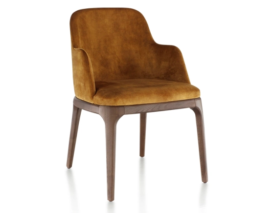 Chaise design avec accoudoirs bois teinte marron foncé et tissu velours bronze