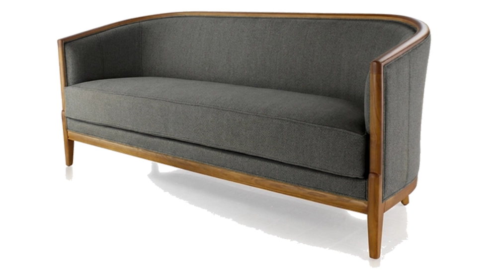 Canapé ancien 3 places bois teinte merisier et tissu gris clair