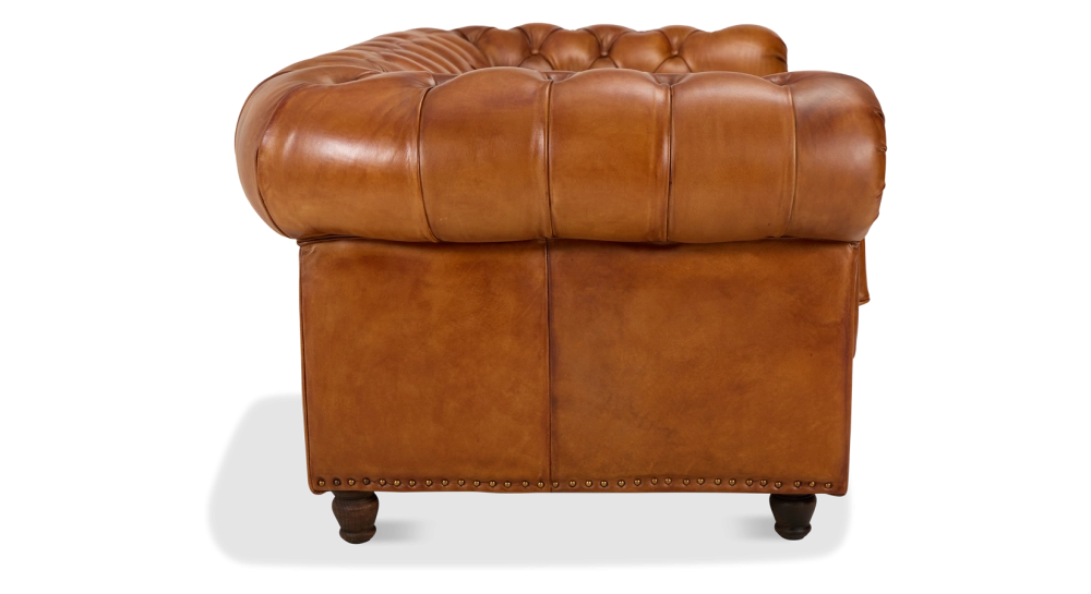 Canapé Chesterfield cuir 2 places marron clair accoudoirs cloutés