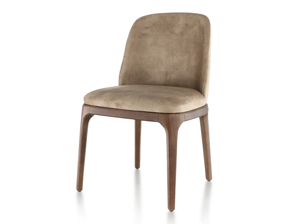 Designer chair dark brown stained wood and light taupe velvet fabric