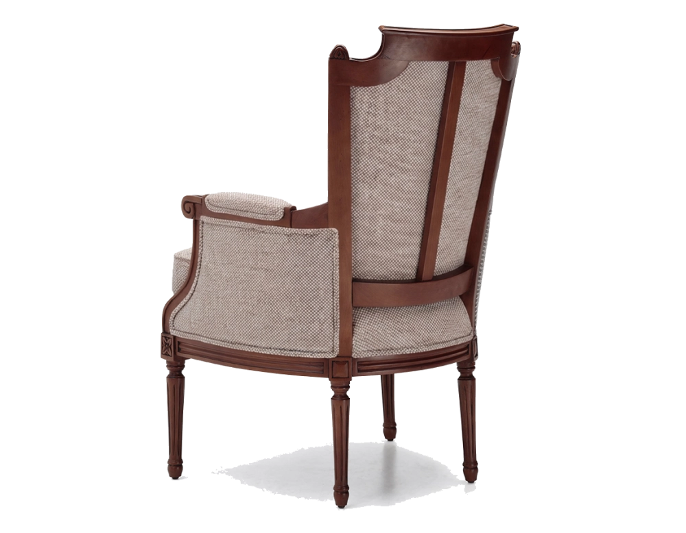 Louis XVI style bergère armchair bois teinte ancienne et tissu chiné beige, gris et orange