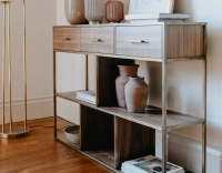Console design natural tint walnut and brass patina metal