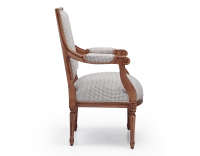 Fauteuil ancien style Louis XVI bois teinte ancienne et tissu pied de poule blanc et taupe