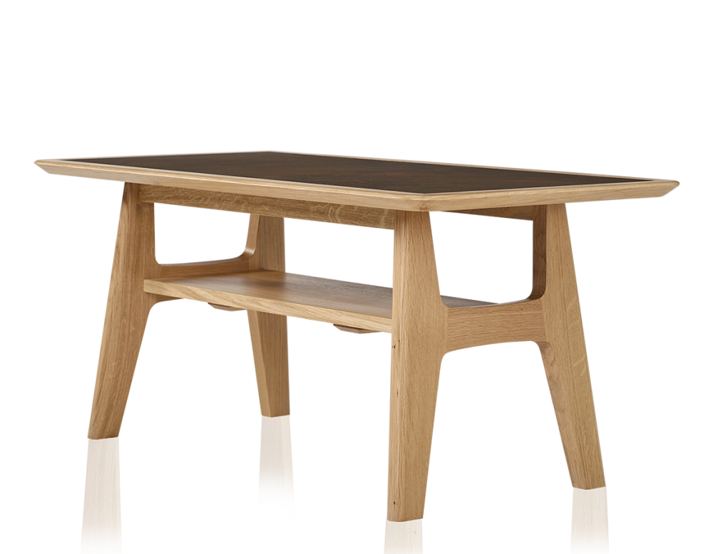 Rectangular coffee table in oak and ceramic with natural stained wood, oxidised brown ceramic top 100x50 cm