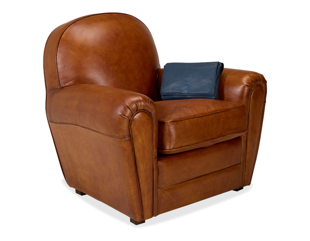 Fauteuil club cuir marron clair accoudoirs passepoil