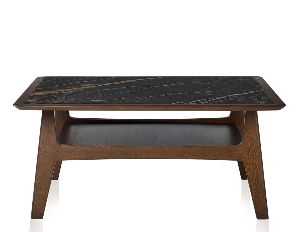 Square coffee table in oak and ceramic with dark brown stained wood black marble effect ceramic top 100x100 cm